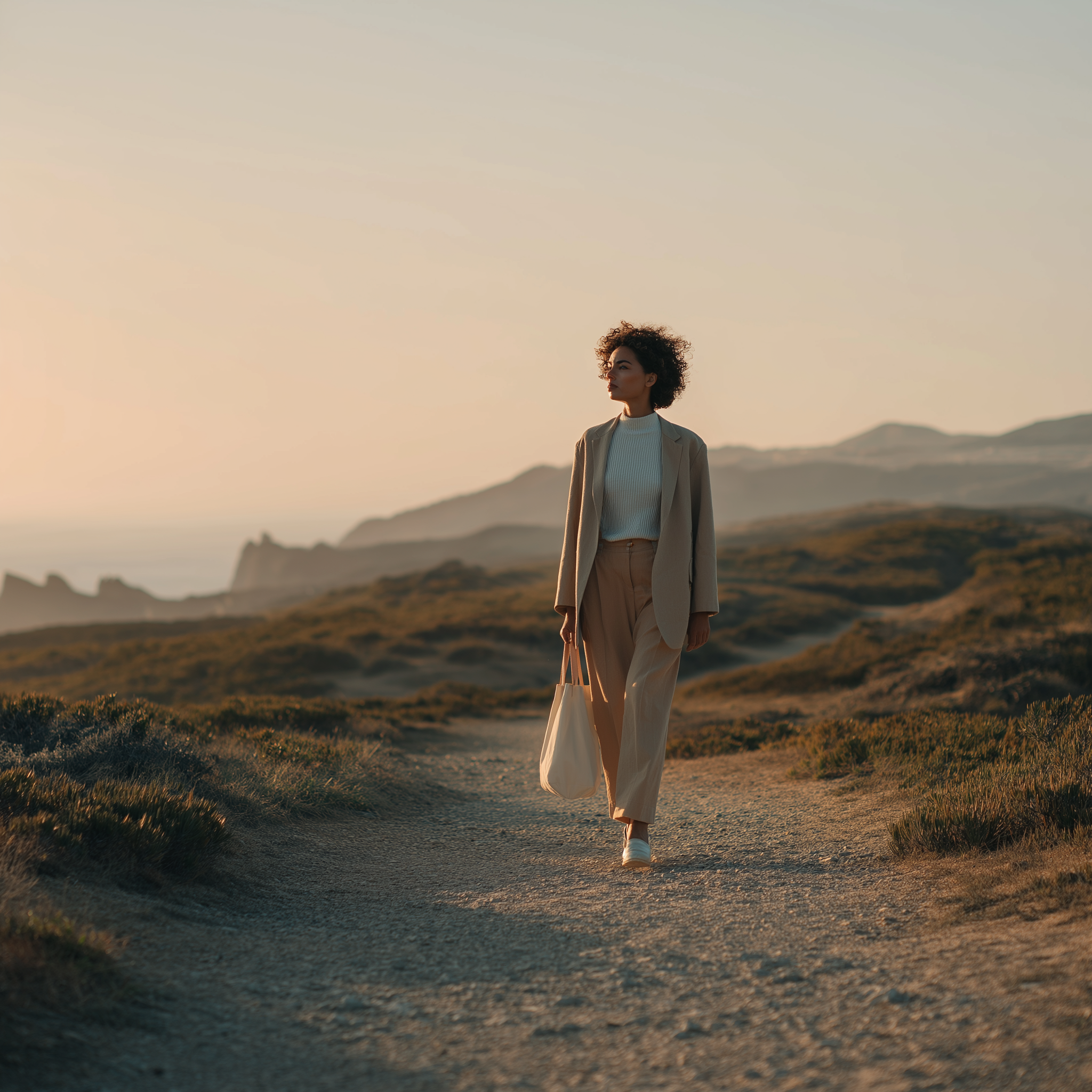 Woman walking confidently along a scenic outdoor path at golden hour, wearing neutral-toned professional attire and carrying a tote bag, with rolling hills and open landscape in the background.