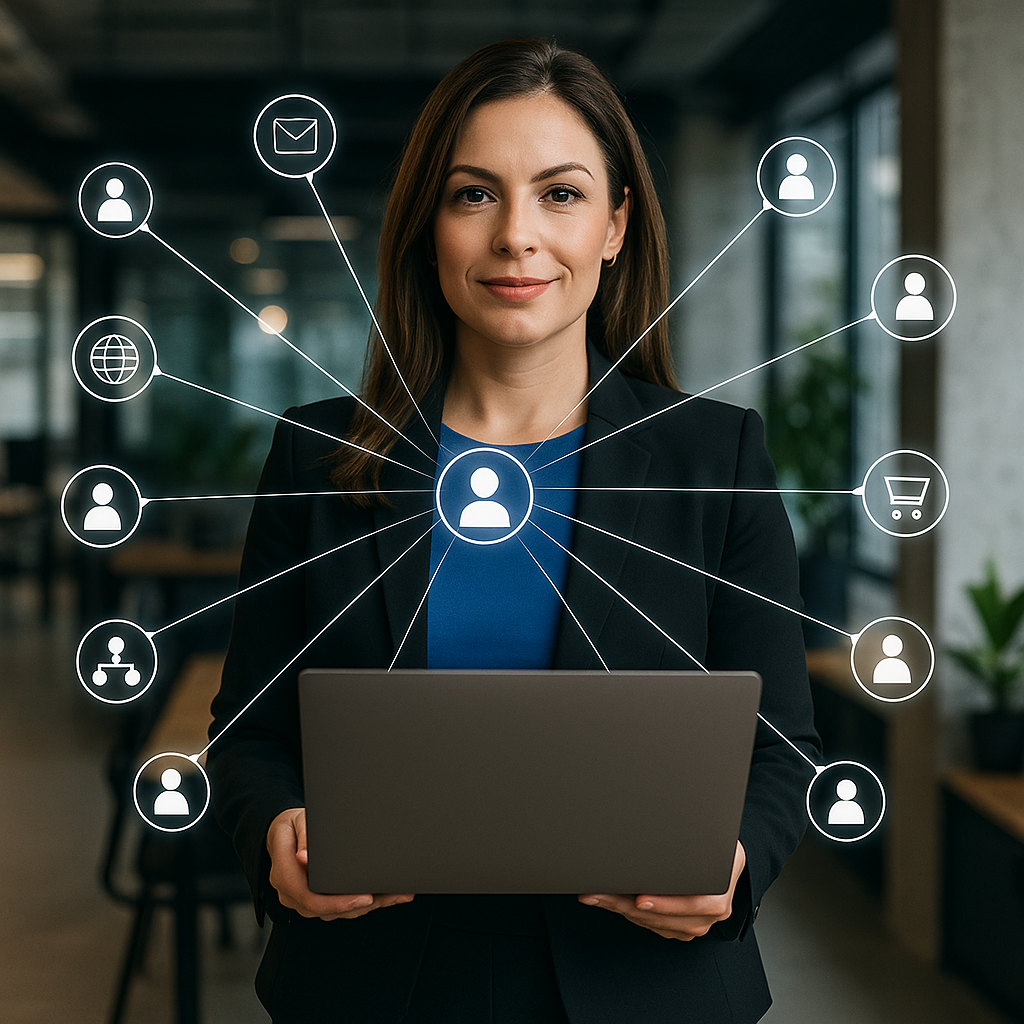 A confident founder standing in a modern workspace, laptop open and digital network icons radiating outward. The image represents founder visibility, online credibility, and Melanie Borden’s AI Visibility Strategy framework for leadership growth.