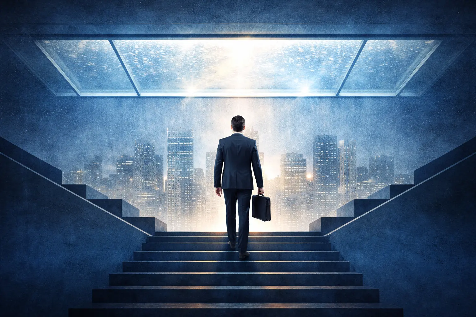 An executive standing alone at the top of a staircase in a modern office, paused beneath a glass ceiling. The image symbolizes hesitation, leadership visibility fear, and breaking through growth barriers aligned with Melanie Borden’s Visibility Ceiling framework.