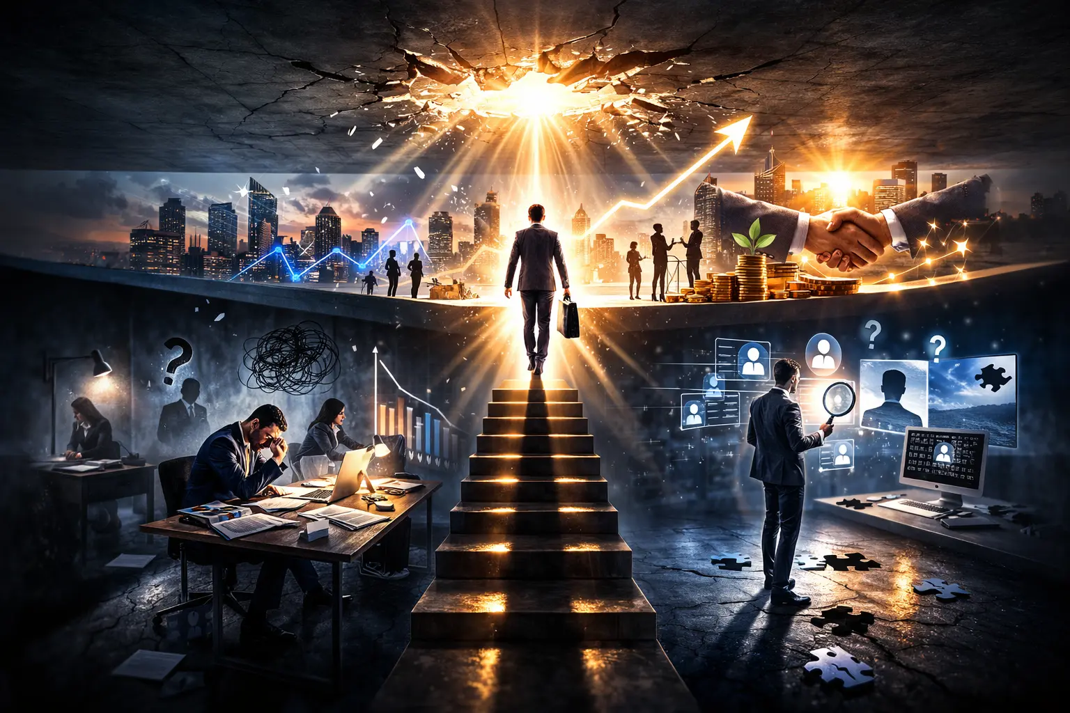 An executive standing alone at the top of a staircase in a modern office, paused beneath a glass ceiling. The image symbolizes hesitation, leadership visibility fear, and breaking through growth barriers aligned with Melanie Borden’s Visibility Ceiling framework.