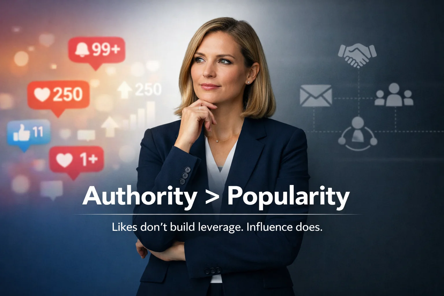 Professional business executive in a navy suit looking thoughtfully to the side, with a split background showing social media engagement icons on one side and professional networking symbols on the other, overlaid with the text “Authority > Popularity” and “Likes don’t build leverage. Influence does.