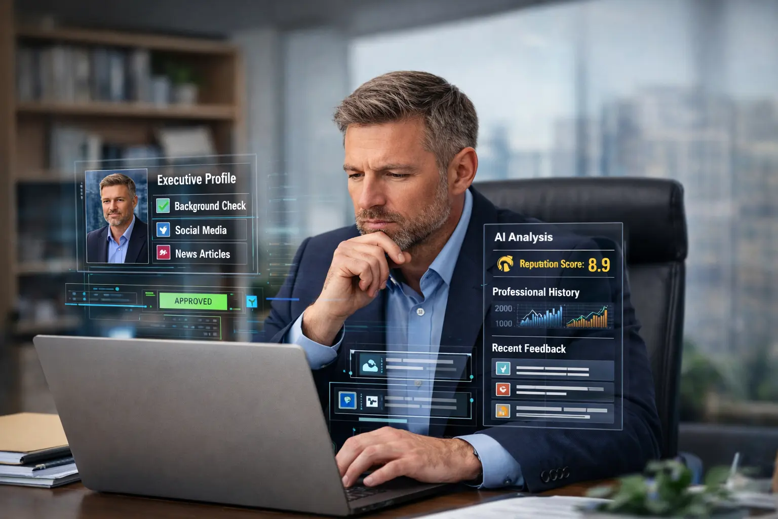 Executive professional being analyzed by AI system on a laptop, with digital data panels representing online presence, credibility signals, and leadership visibility in a modern office environment