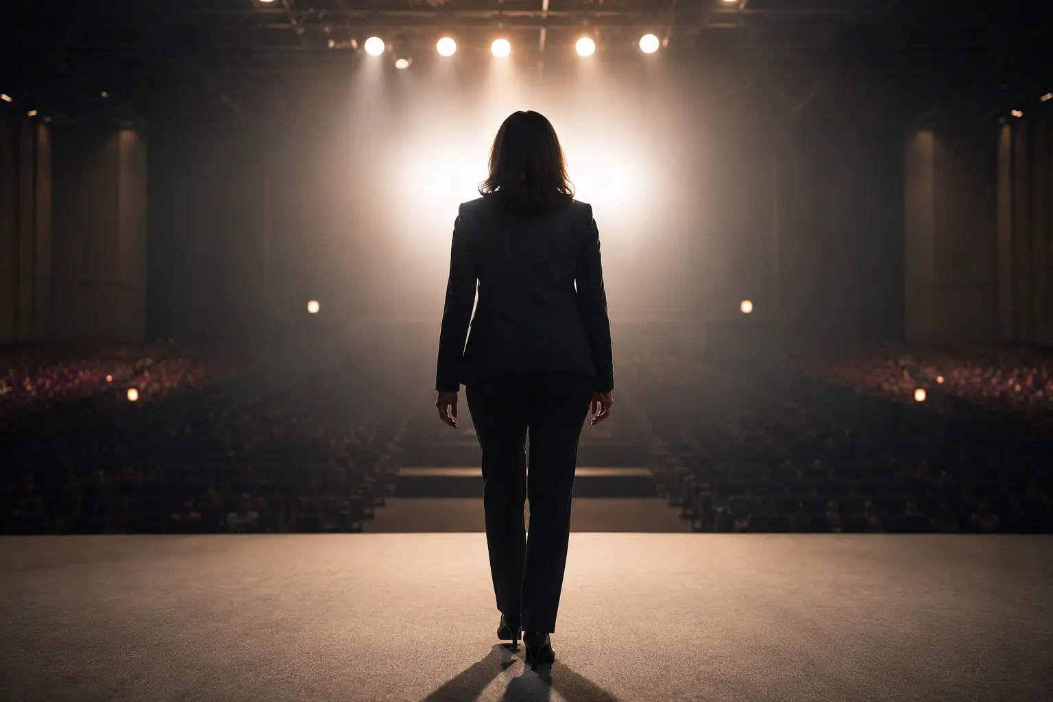 An executive standing before a bright stage with soft shadows behind them, symbolizing stepping into visibility despite fear and leadership expansion.