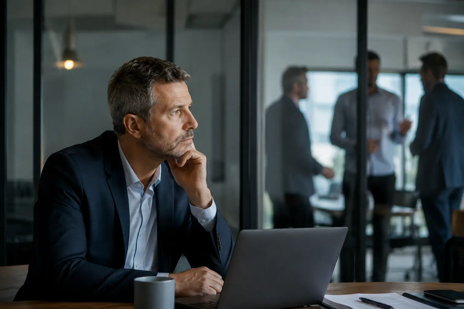 An experienced executive walks confidently from a quiet office hallway into a bright stage-lit space, symbolizing the transition from behind-the-scenes operator to visible market authority and leadership presence.