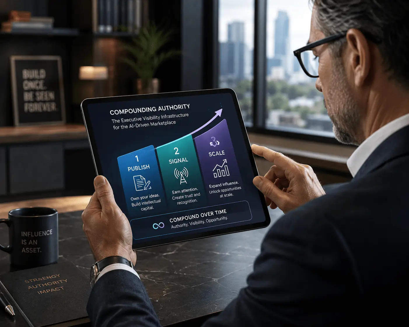 A modern executive reviewing a structured growth diagram labeled Publish, Signal, Scale on a digital tablet, symbolizing compounding authority and executive visibility infrastructure in the AI-driven marketplace.