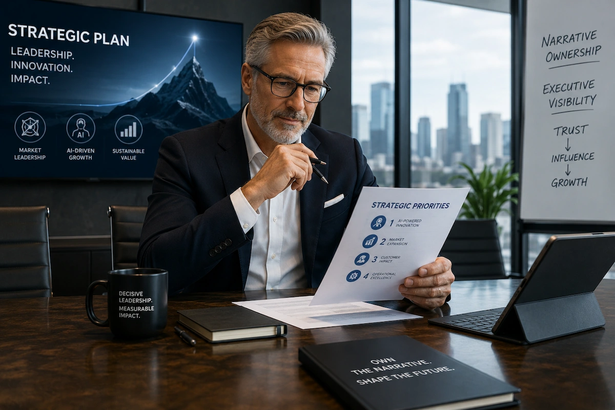 A senior executive reviewing a strategic plan confidently at a modern boardroom table, symbolizing decisive leadership, narrative ownership, and proactive executive visibility strategy in the AI-driven marketplace.