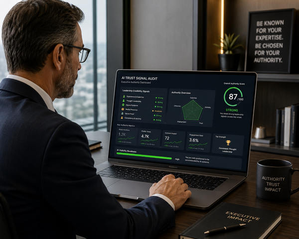 A senior executive reviewing a structured digital audit dashboard on a laptop, showing leadership credibility signals and authority metrics, symbolizing AI trust signal evaluation in the modern executive marketplace.