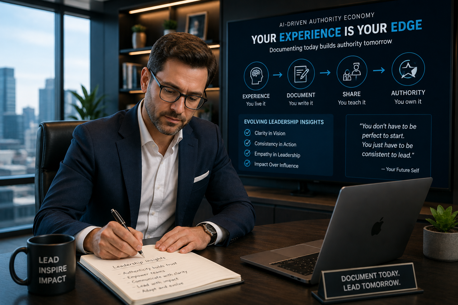 A senior executive thoughtfully writing notes in a modern office while a digital screen behind them displays evolving leadership insights, symbolizing documenting expertise before feeling fully ready in an AI-driven authority economy.