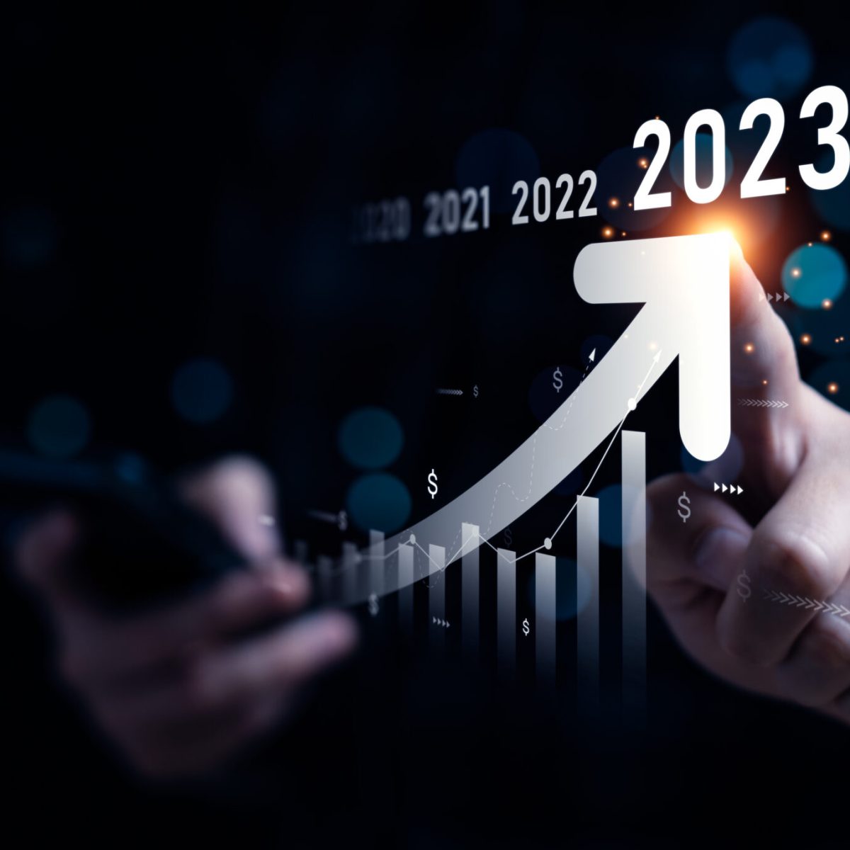 Business growing in 2023. Analytical businessman planning business growth 2023, strategy digital marketing, profit income, economy, stock market trends and business